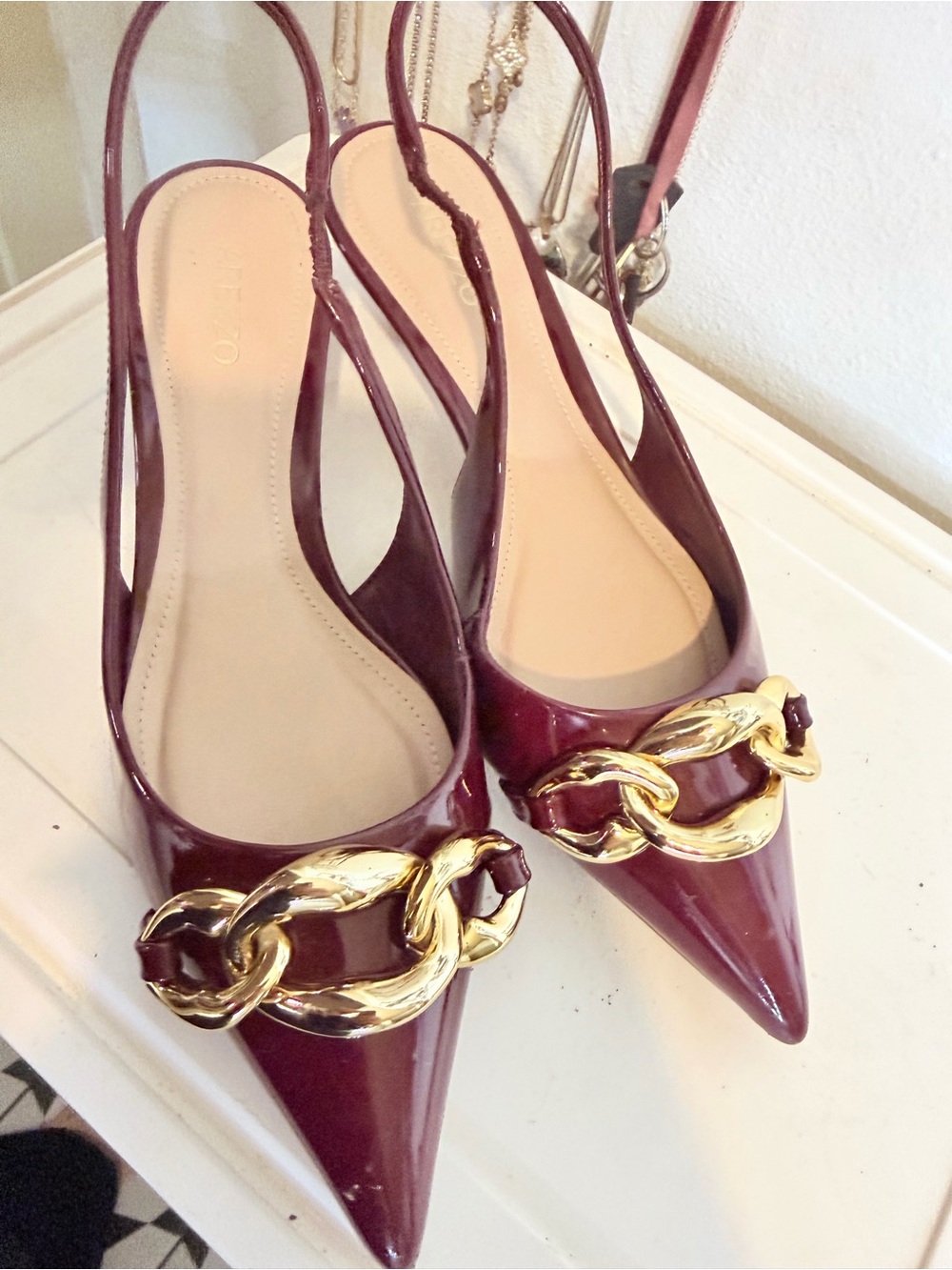 Arezzo Women's Burgundy Patent Slingback Kitten Heels with Gold Chain - Picture 3 of 7